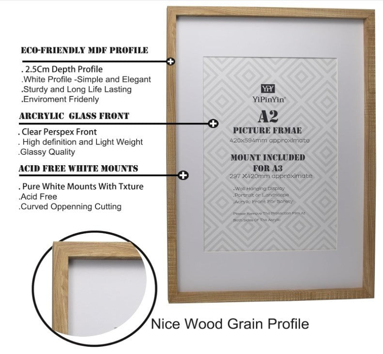 A2 Picture Frame Set of 3 Natural Wood Effect with Mounts for A3 Photos-84