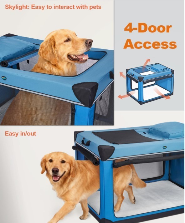 Dog Crate XXL Folding 4 Door Soft Fabric Kennel 121cm Portable Steel Blue-241