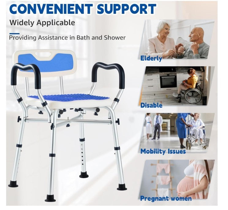 Shower Chair Elderly Shower Bath Stools Back&Arms Non Slip Adjustable Blue-248