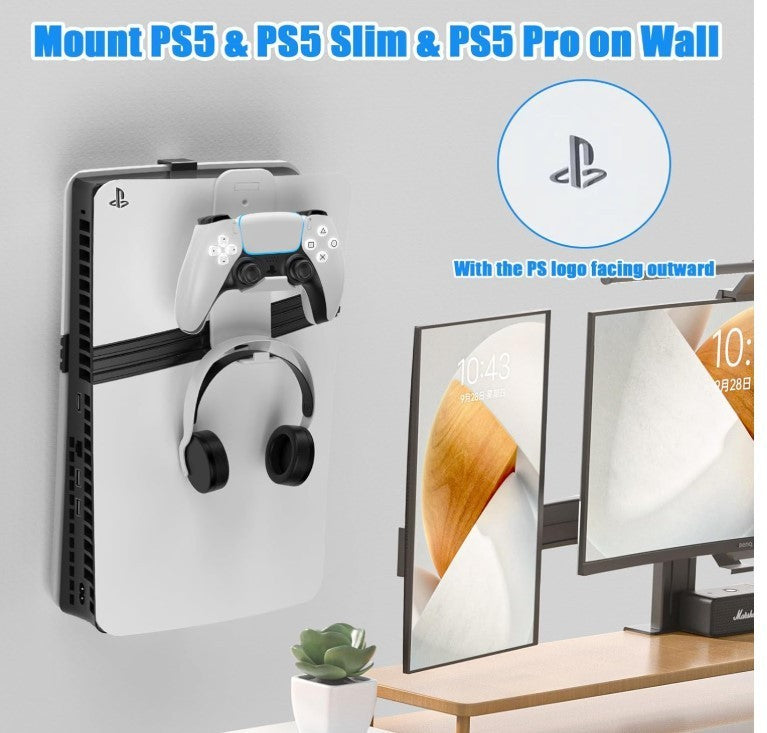 PS5 Wall Mount Bracket Steel Controller Holder Headphone Hook Black-180