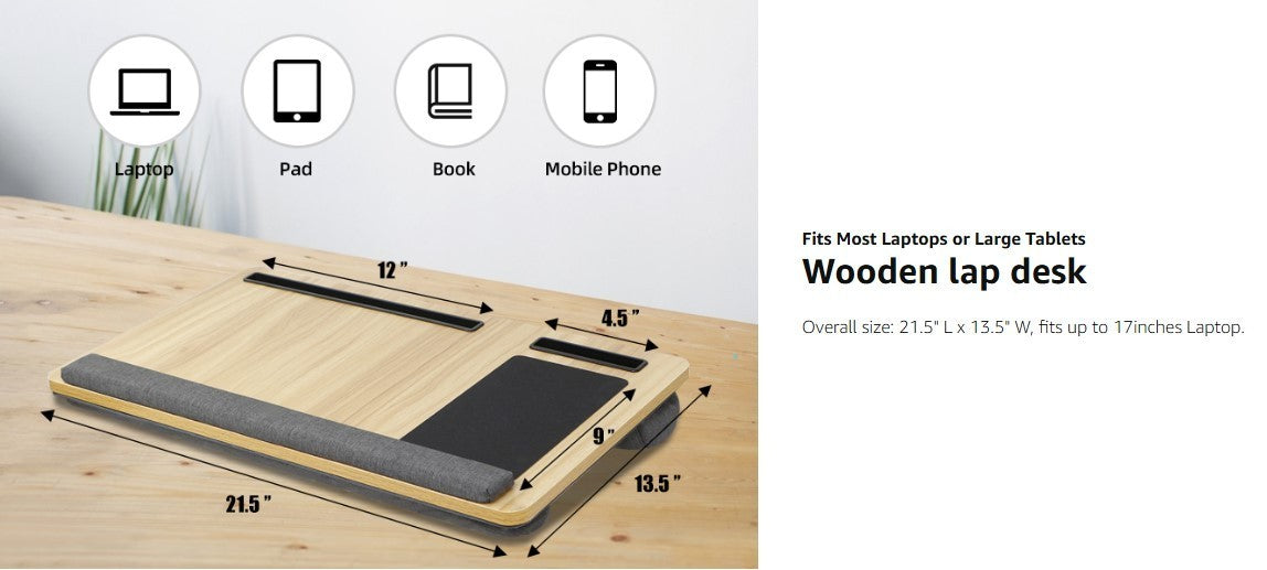 Laptop Stand Tray with Cushion, Portable Mouse Pad&Tablet Phone Holder Wood-159