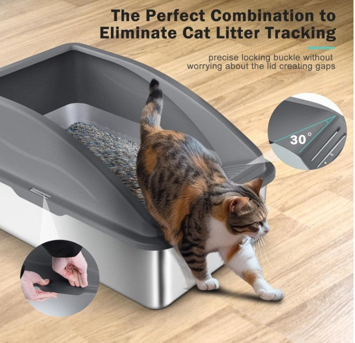 Stainless Steel Cat Litter Tray Grey with Detachable Enclosure 26cm High-330