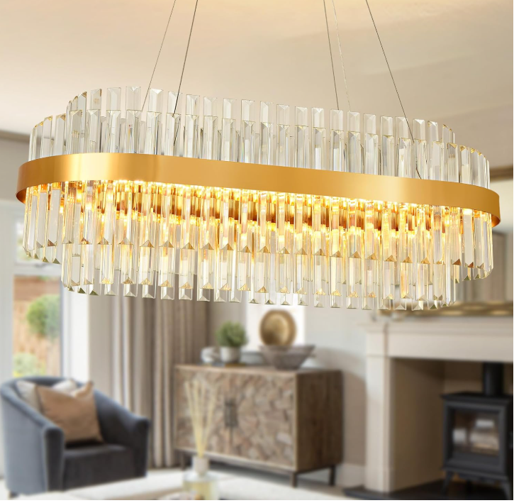 Modern Crystal Chandelier LED 3-Color Change Gold Pendant Lights Fixture Oval-94