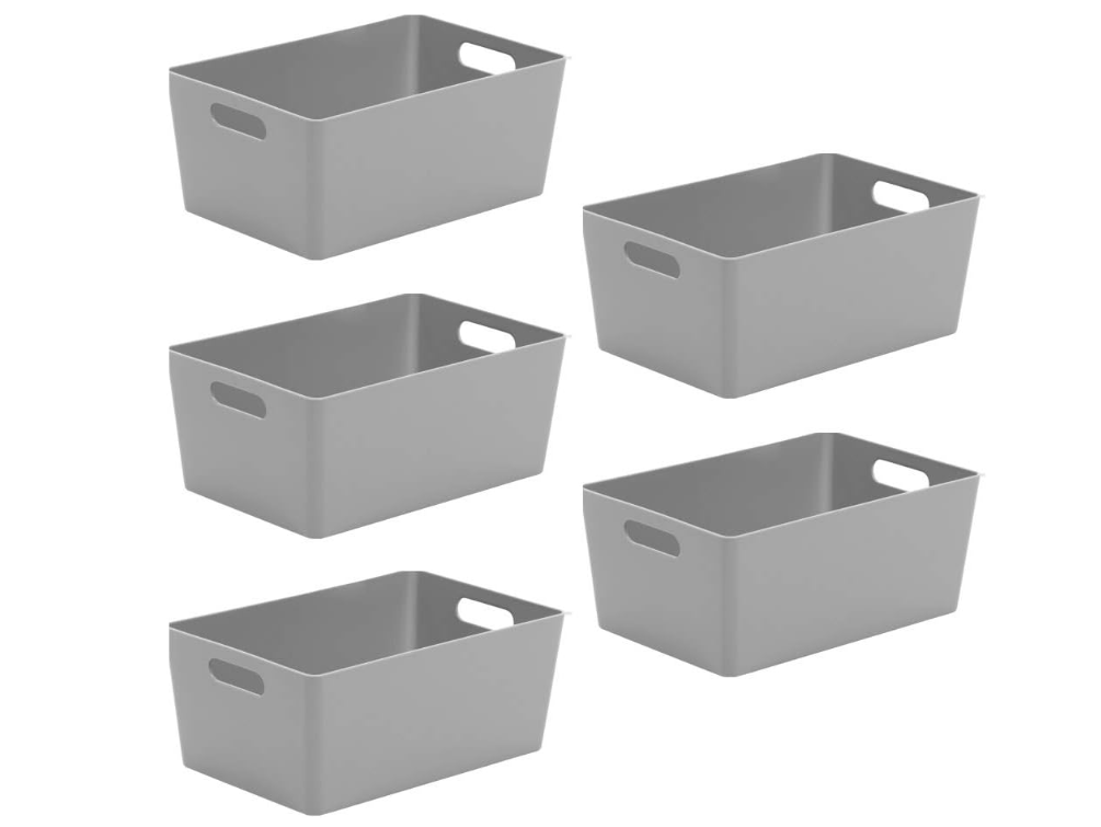 5 Pack Grey Storage Baskets for Shelves Stackable Pantry Boxes with handles