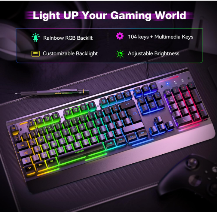 KB002 RGB GamingKeyboard 105 Key Wired Anti Ghosting Keys Metal Panel Wrist Rest