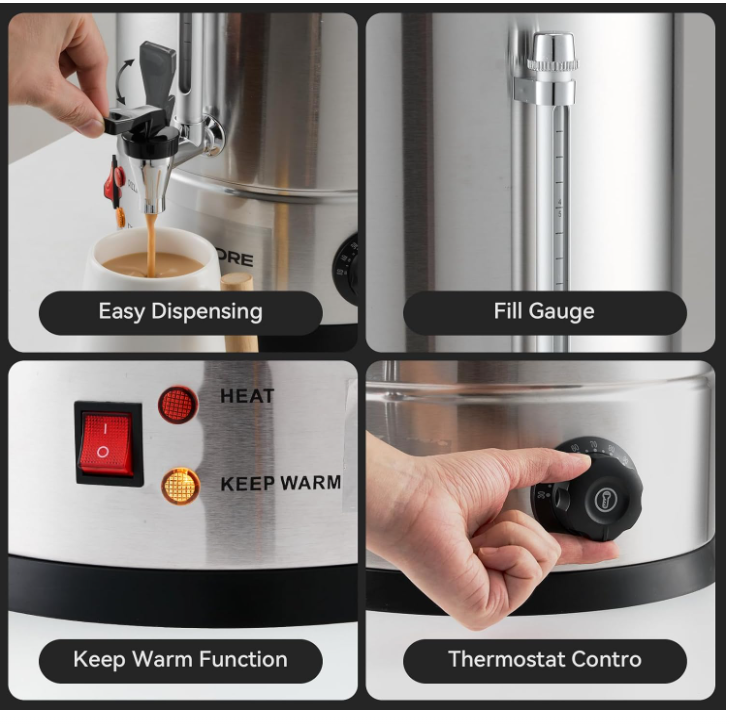 10L Hot Water Boiler Urn 1800W Stainless Steel Catering Tea Coffee Dispenser -75