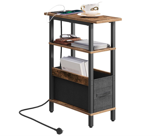 Narrow Side Table with Charging Station 3 Tier Slim End Table Storage Rustic-115