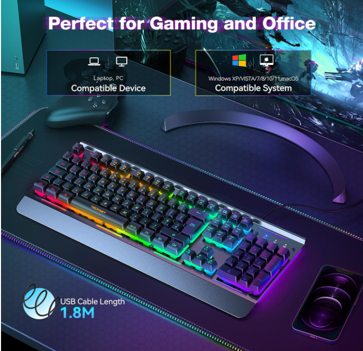 KB002 RGB GamingKeyboard 105 Key Wired Anti Ghosting Keys Metal Panel Wrist Rest