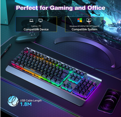KB002 RGB GamingKeyboard 105 Key Wired Anti Ghosting Keys Metal Panel Wrist Rest