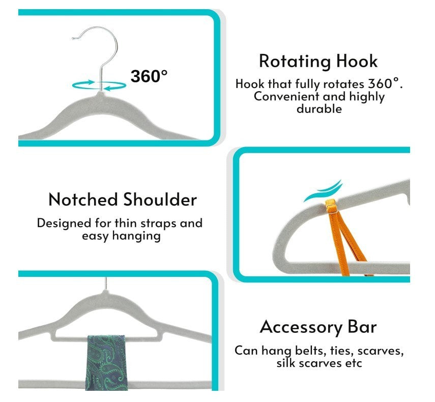 50 Pack Velvet Hangers Non Slip Heavy Duty Clothes Hangers Grey Slim