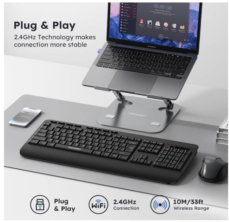 Wireless Keyboard with Wrist Rest,Full-size Cordless Keyboards Silent, KB040