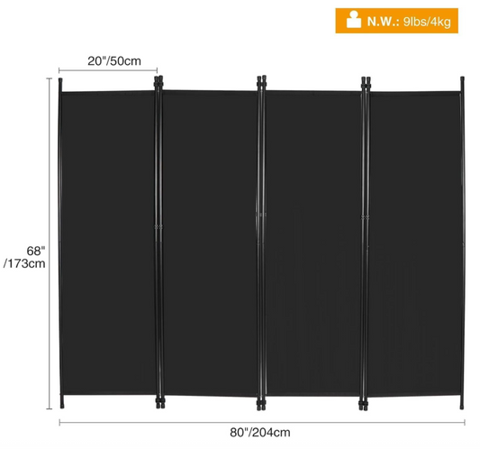 4 Panel Room Divider 80x68 In Folding Privacy Screen Portable Partition Black-79