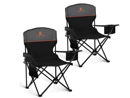 Folding Camping Chairs Set of 2 with Cooler Bag & Cup Holder Black- 313