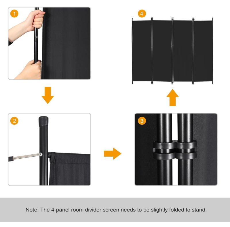 4 Panel Room Divider 80x68 In Folding Privacy Screen Portable Partition Black-79