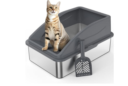Stainless Steel Cat Litter Tray Grey with Detachable Enclosure 26cm High-330