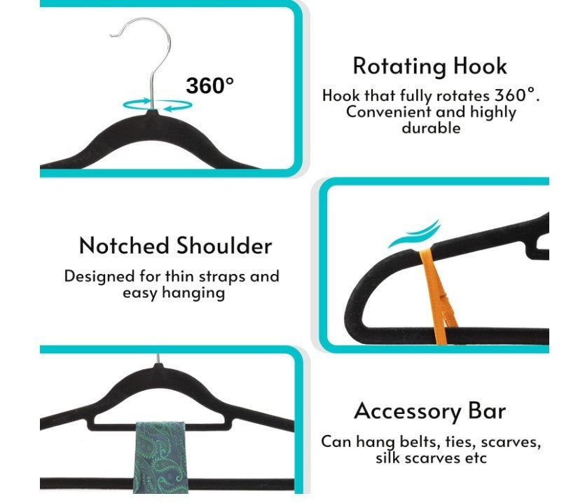 50 Non Slip Velvet Hangers Heavy Duty Felt Coat Hangers 360 Degree Swivel Black