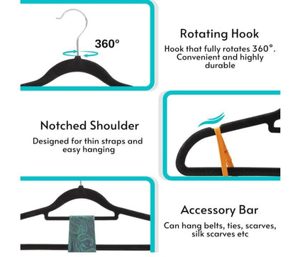 50 Non Slip Velvet Hangers Heavy Duty Felt Coat Hangers 360 Degree Swivel Black