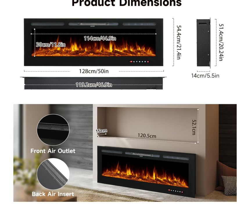 50 Inch Electric Fireplace LED Wall Mounted Recesed Heater Remote 12 Flame Color