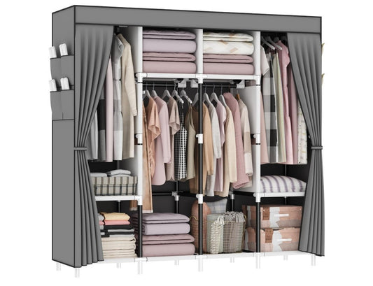 Canvas Wardrobe Portable Clothes Closet 4 Rails Foldable Storage Grey 165cm-332