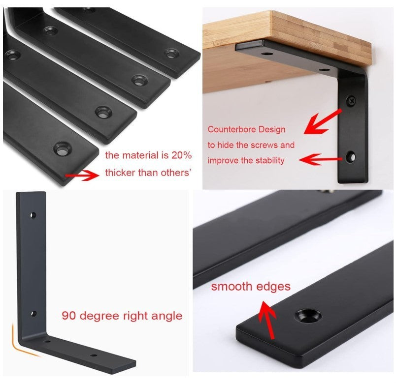 4 Pcs Shelf Brackets, 5.4mm Thicked Floating Shelf Bracket,25.5 cm Black L-217
