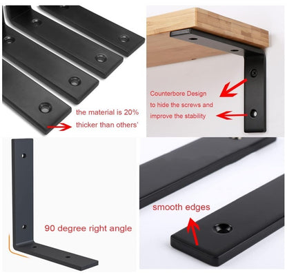 4 Pcs Shelf Brackets, 5.4mm Thicked Floating Shelf Bracket,25.5 cm Black L-217