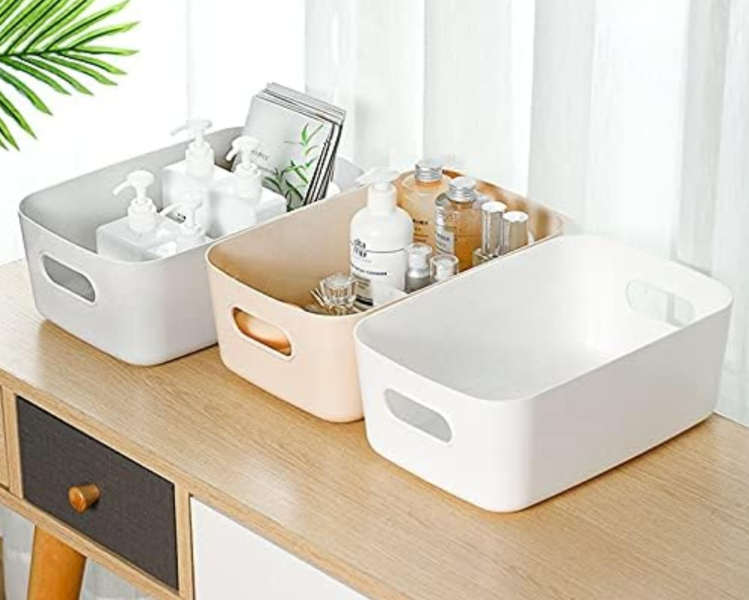 5 Pack Grey Storage Baskets for Shelves Stackable Pantry Boxes with handles