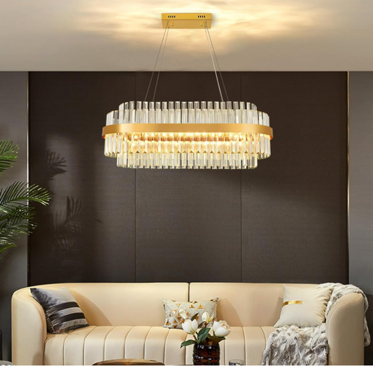 Modern Crystal Chandelier LED 3-Color Change Gold Pendant Lights Fixture Oval-94