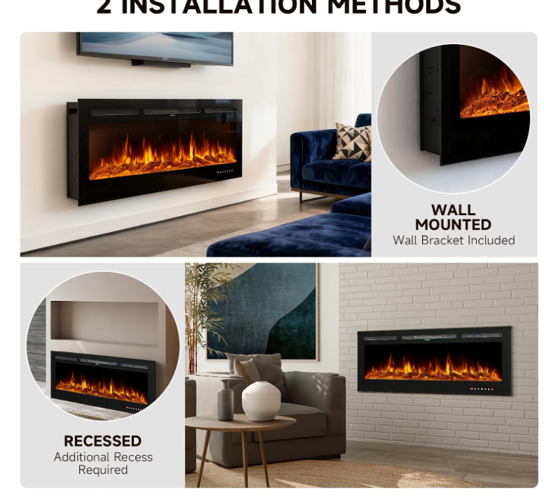 50 Inch Electric Fireplace LED Wall Mounted Recesed Heater Remote 12 Flame Color