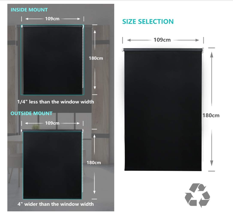100% Blackout Roller Blind 109x183cm Waterproof Thermal UV Window Shade Black-19