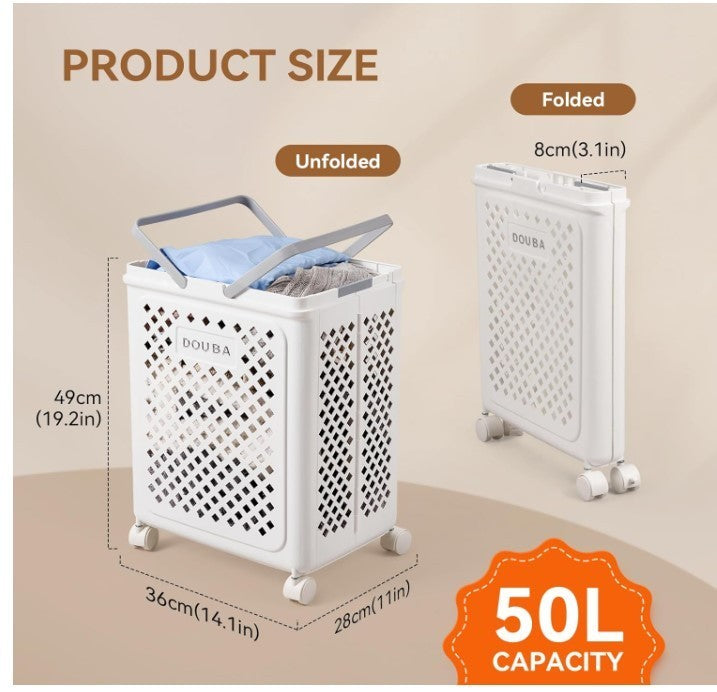 50L Foldable Laundry Basket with Wheels Collapsible Clothes Hamper Grey-318