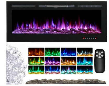 50 Inch Electric Fireplace LED Wall Mounted Recesed Heater Remote 12 Flame Color