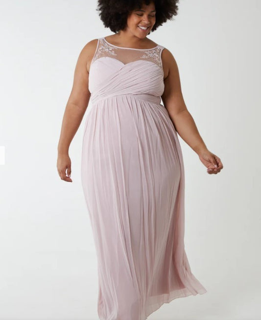 Quiz Pleated Maxi Dress Beaded Neckline Evening Elegant Occasion Gown Size  6-20
