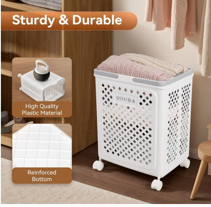50L Foldable Laundry Basket with Wheels Collapsible Clothes Hamper Grey-318