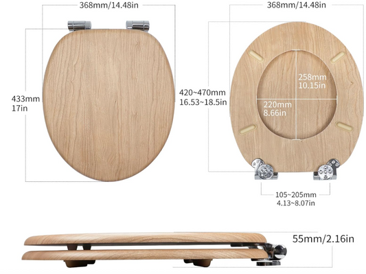 Wooden Toilet Seat Soft Close  Adjustable Solid Zinc Alloy Hinges MDF Wood-70