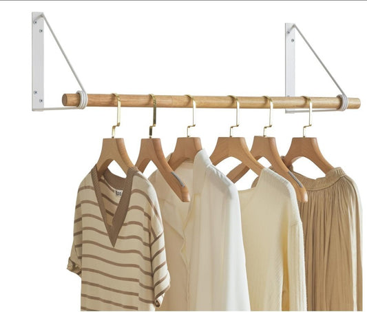 Wardrobe Rail Wall Mounted Coat Rack Wooden Clothes Rail Industrial White-199