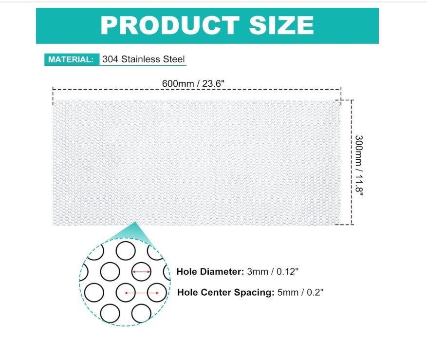304 Stainless Steel Perforated Sheet 600x300mm 5mm Holes 19GA-300