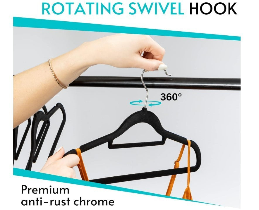 50 Non Slip Velvet Hangers Heavy Duty Felt Coat Hangers 360 Degree Swivel Black