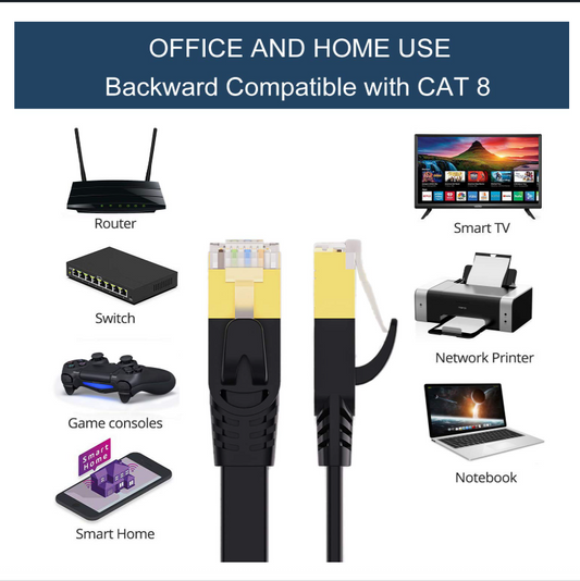 Cat8 Ethernet Cable 30m Flat 40Gbps 2000MHz SFTP RJ45 Gold Plated LAN Black