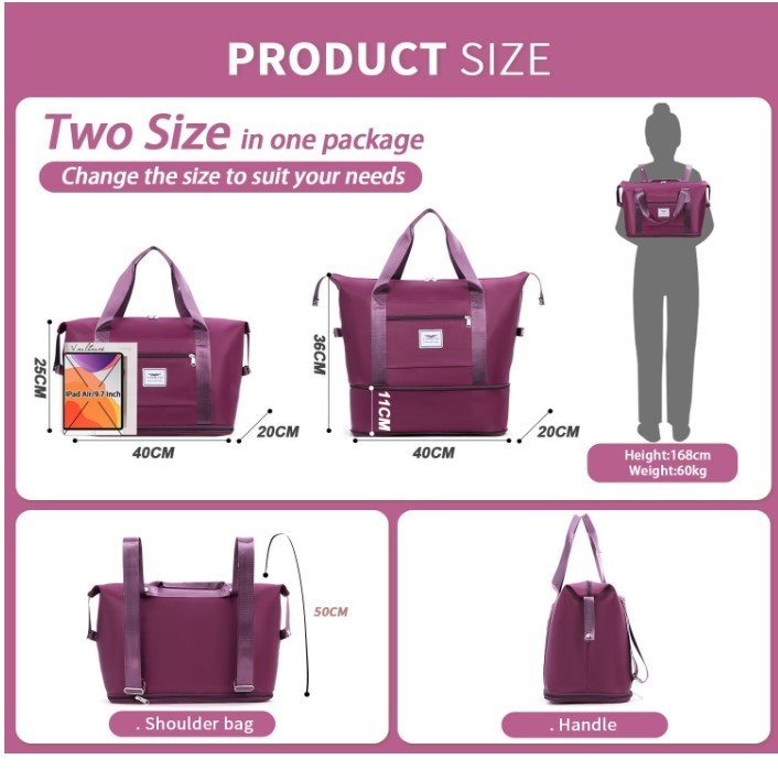 Expandable Gym Tote Bag Wet Pocket Travel Overnight Sports Bag Purple-329