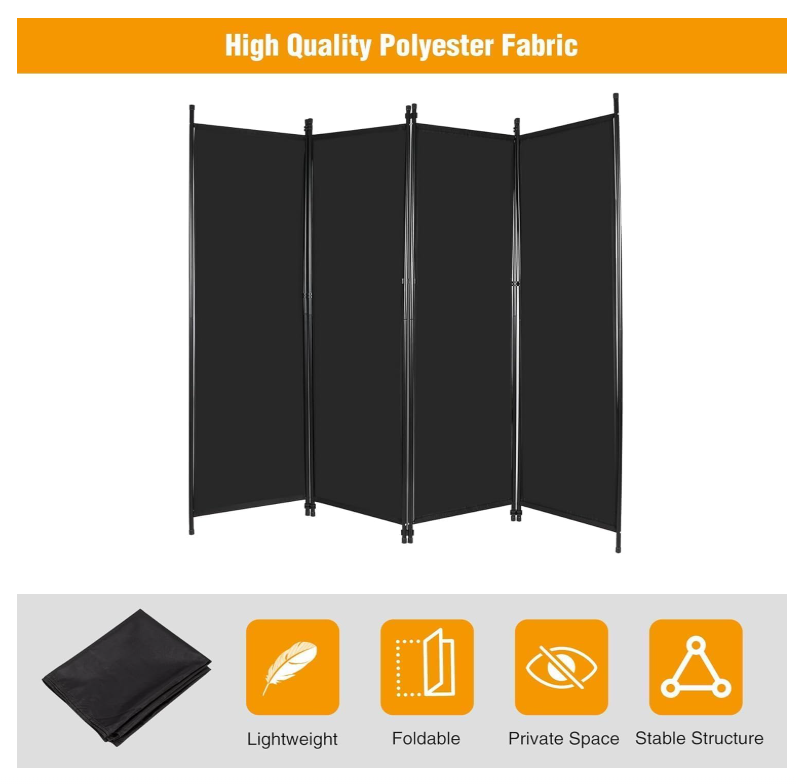 4 Panel Room Divider 80x68 In Folding Privacy Screen Portable Partition Black-79