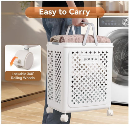 50L Foldable Laundry Basket with Wheels Collapsible Clothes Hamper Grey-318