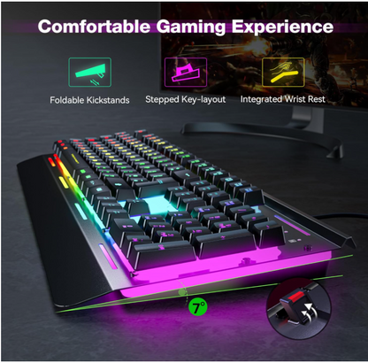 KB002 RGB GamingKeyboard 105 Key Wired Anti Ghosting Keys Metal Panel Wrist Rest